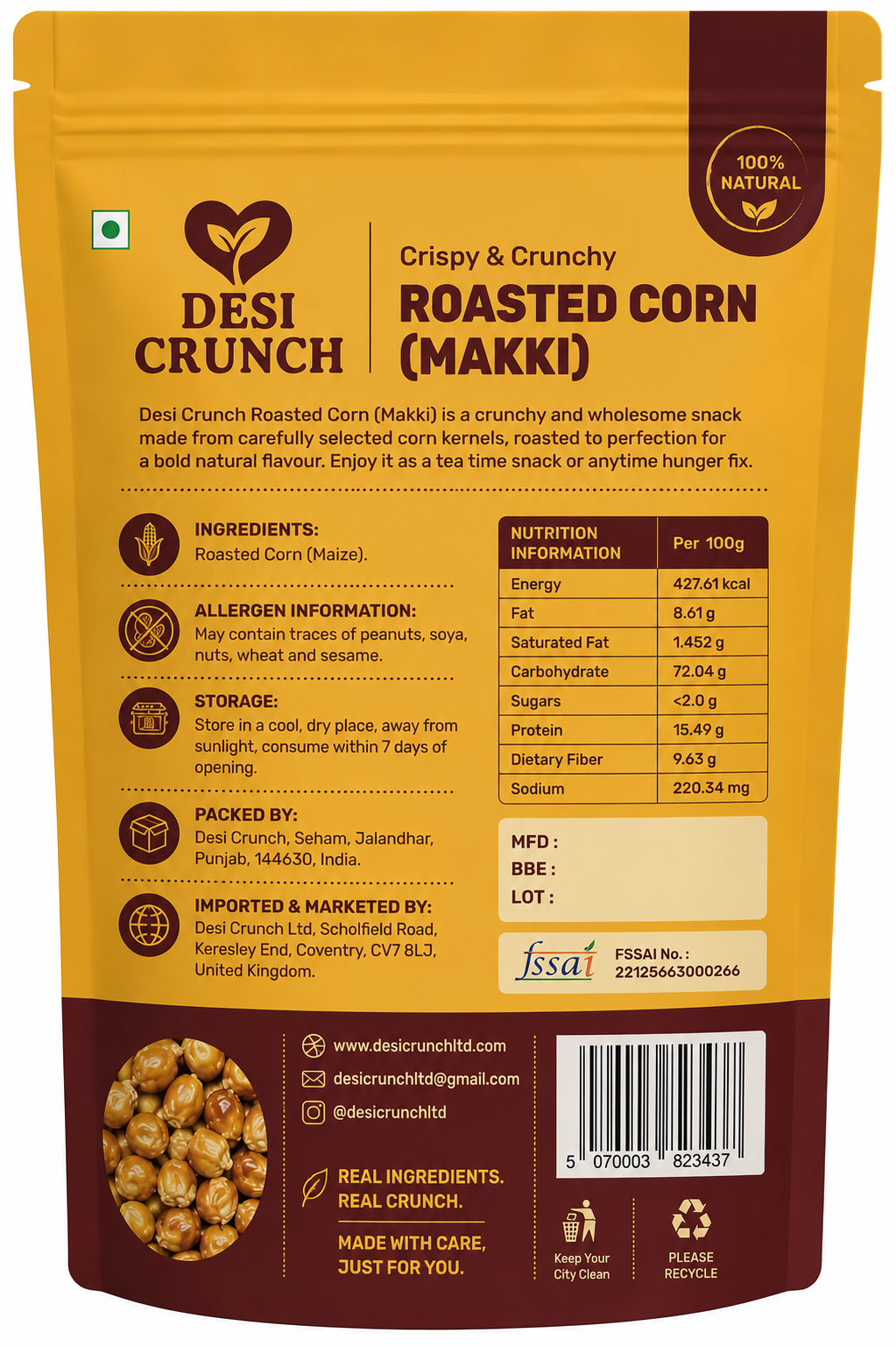 Desi Crunch Roasted Corn (Minimum Order: 2 Packs)(Makki) 175g – Roasted Not Fried | High Fibre Snack | Source of Protein | No Preservatives