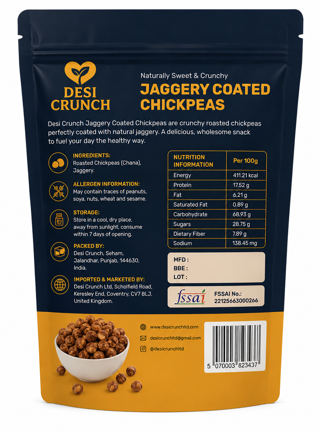 Desi Crunch Jaggery Coated (Minimum Order: 2 Packs) Chickpeas 175g – Naturally Sweet & Crunchy | Roasted Not Fried | High Fibre | Source of Protein